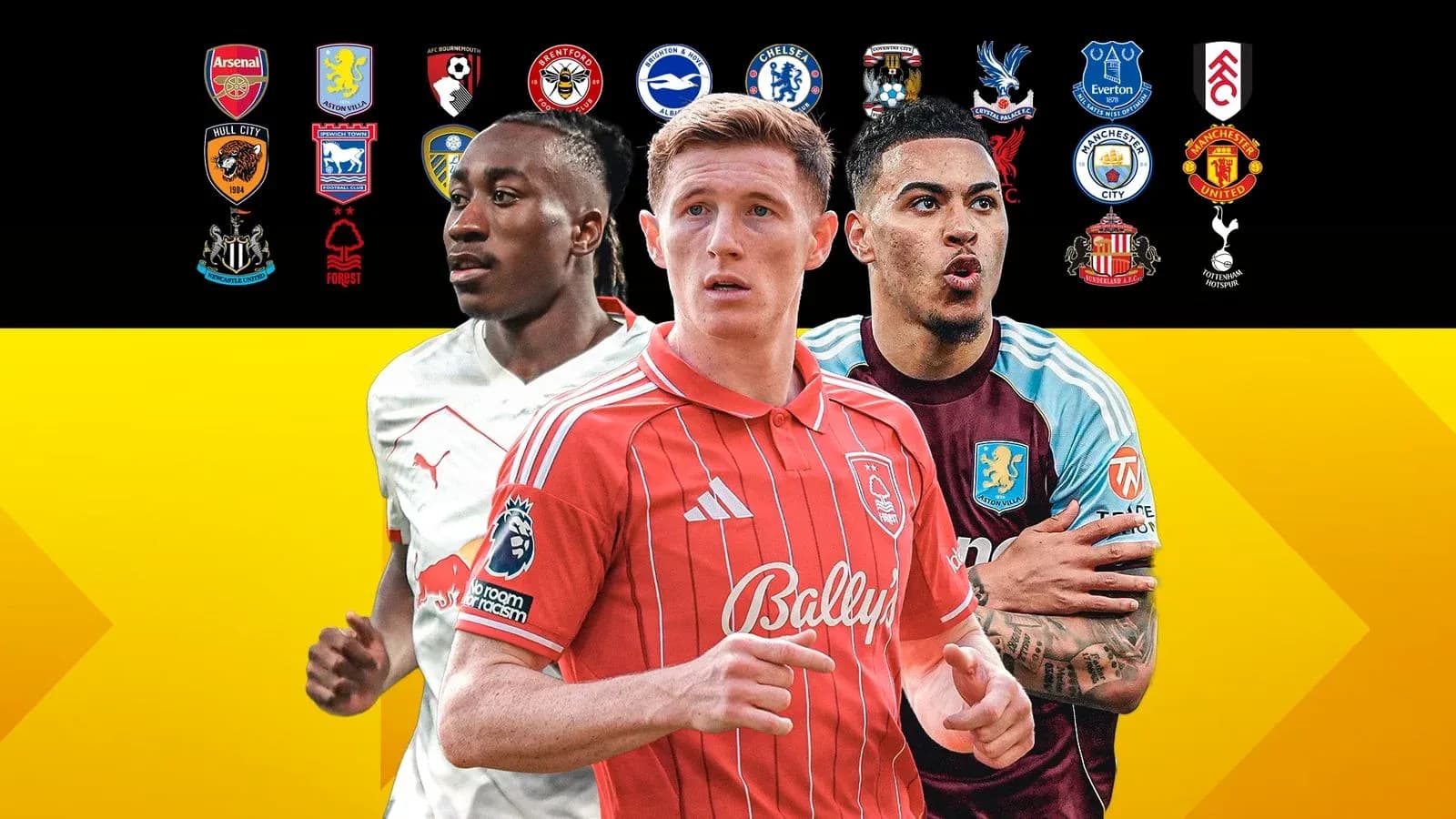 Jugadores de fútbol con logotipos de clubes detrás