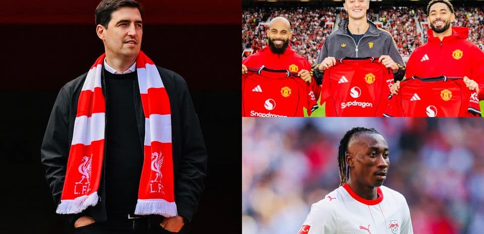Entrenador con bufanda de Liverpool y jugadores de Manchester United