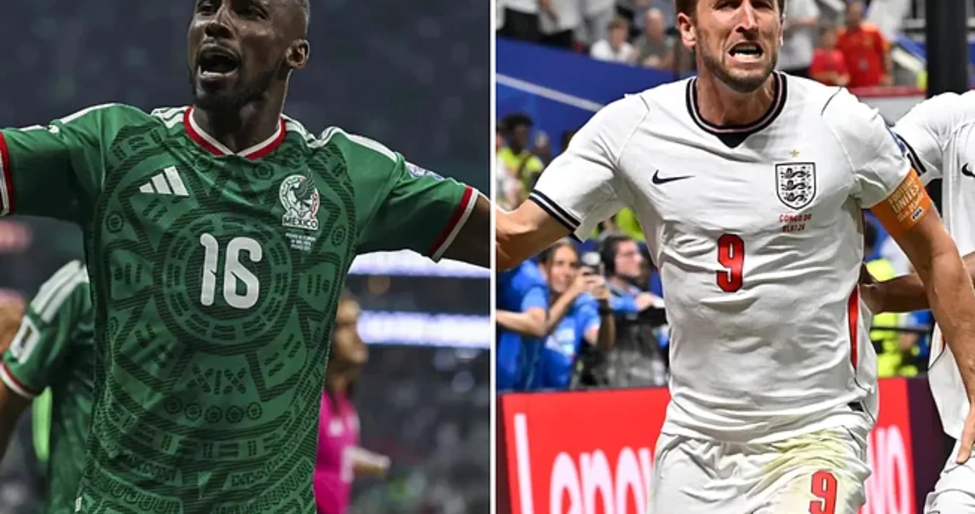 Jugadores de México e Inglaterra celebrando goles