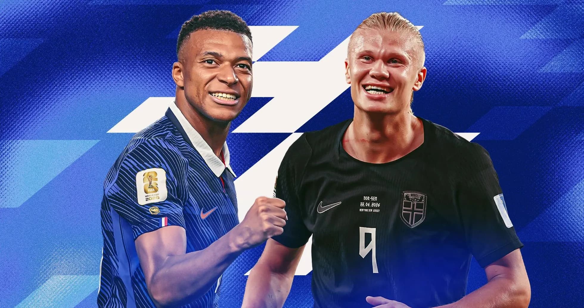 Mbappé y Haaland sonriendo en fondo azul
