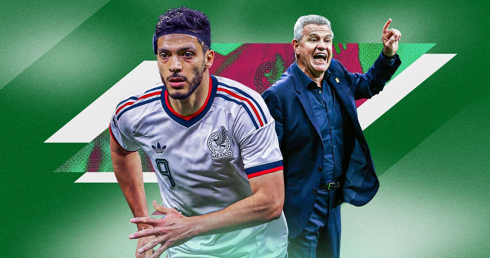 Jugador mexicano corriendo con entrenador en fondo verde