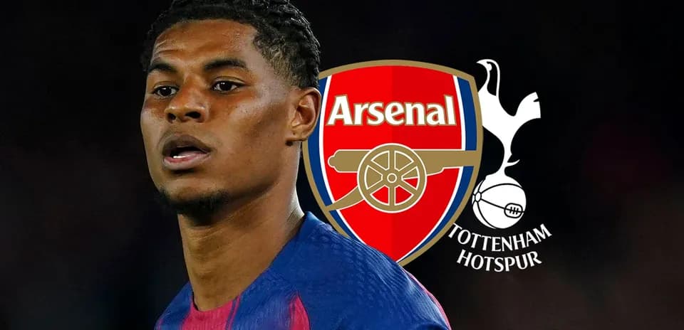 Jugador en primer plano con logotipos de Arsenal y Tottenham