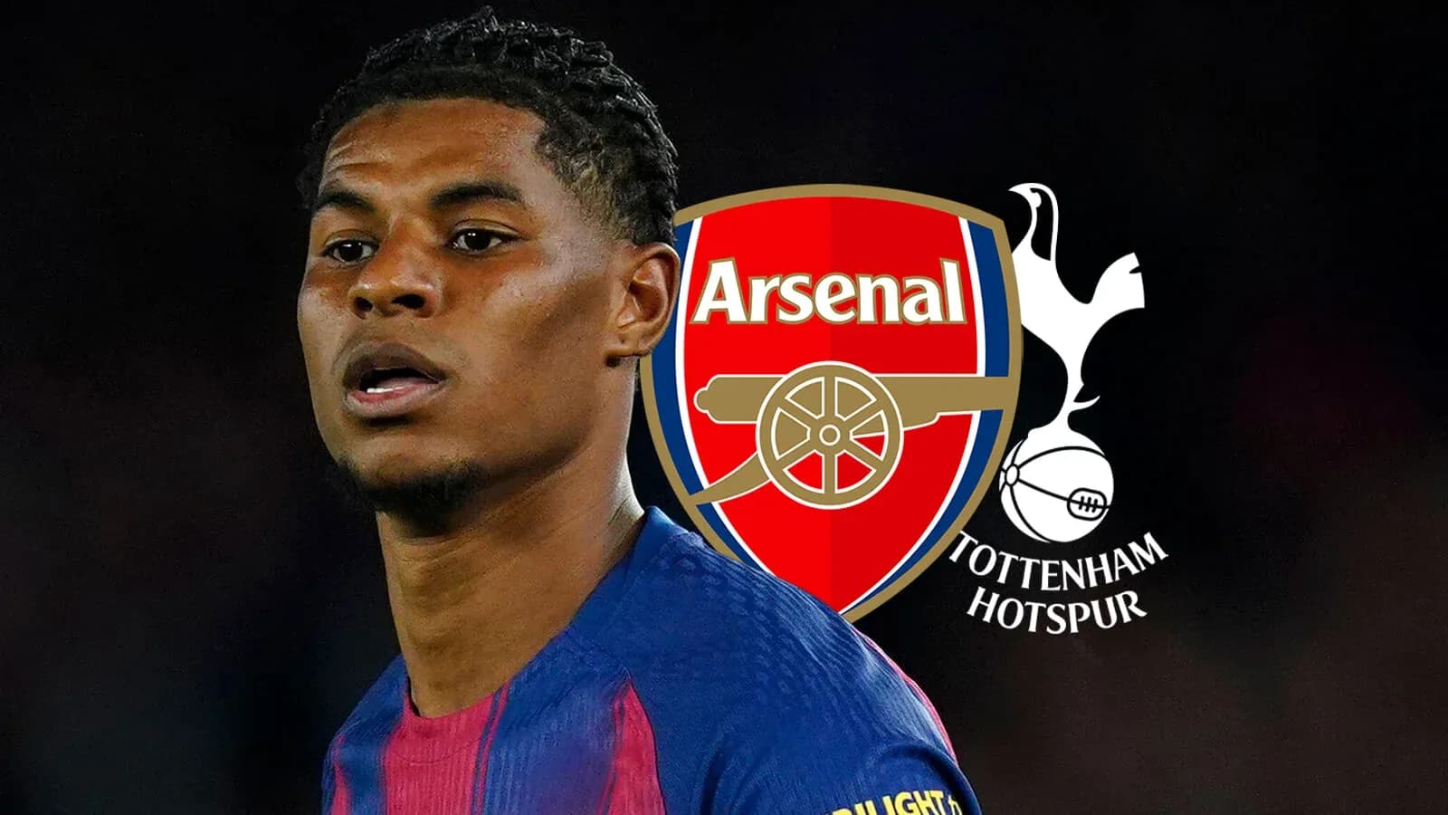Jugador en primer plano con logotipos de Arsenal y Tottenham
