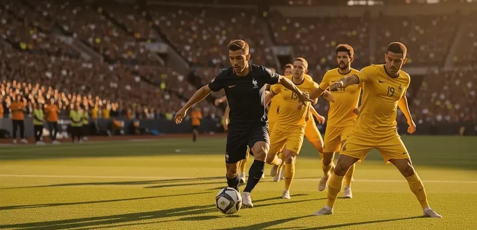 Jugador de Francia driblando a jugadores de Suecia