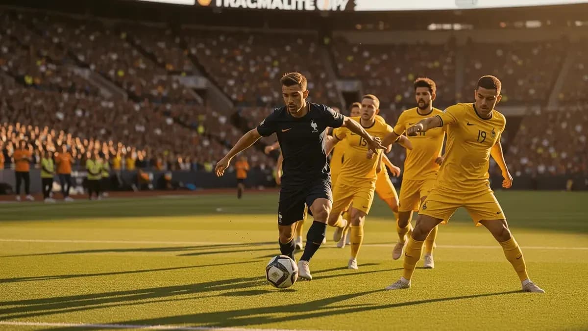 Jugador de Francia driblando a jugadores de Suecia