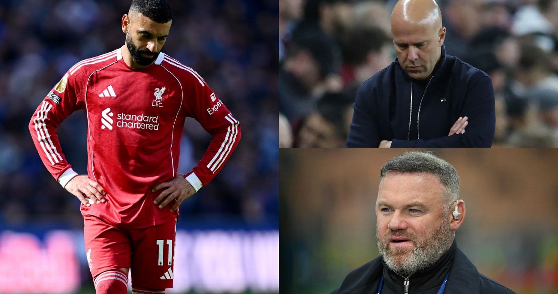 Jugador de Liverpool y dos entrenadores en momentos pensativos