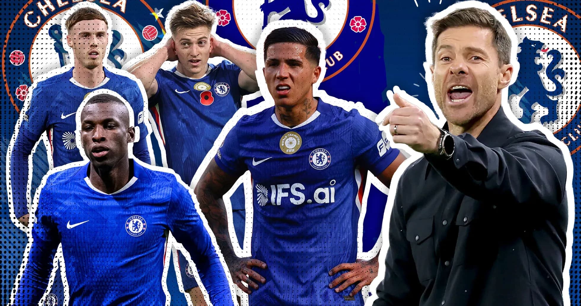 Jugadores de Chelsea con entrenador en fondo colorido