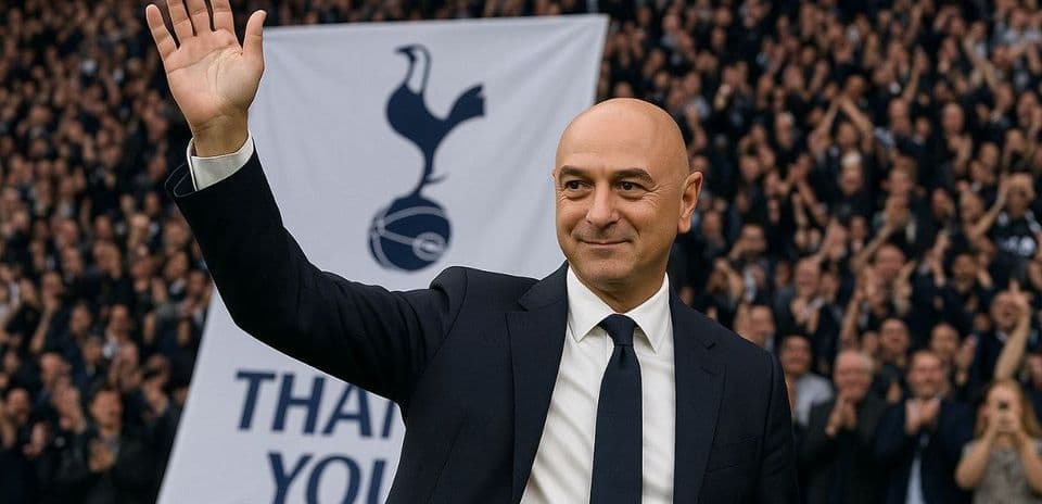 Hombre saludando en estadio con banner de Tottenham