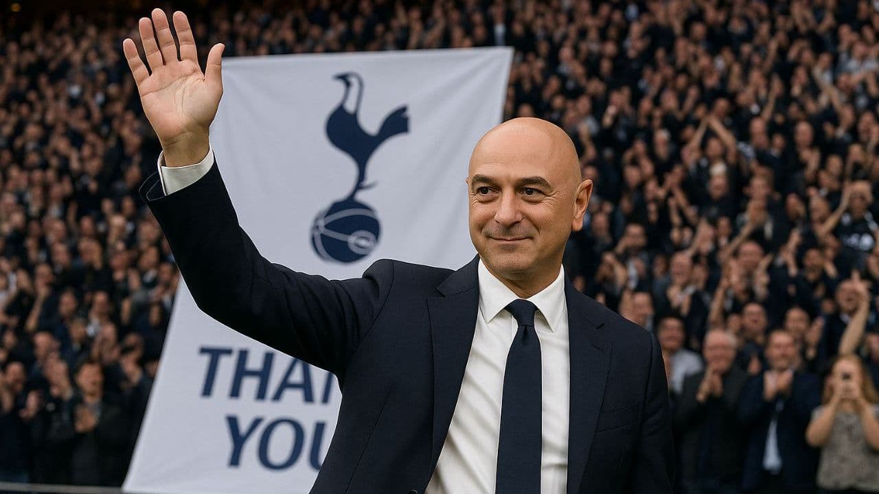 Hombre saludando en estadio con banner de Tottenham