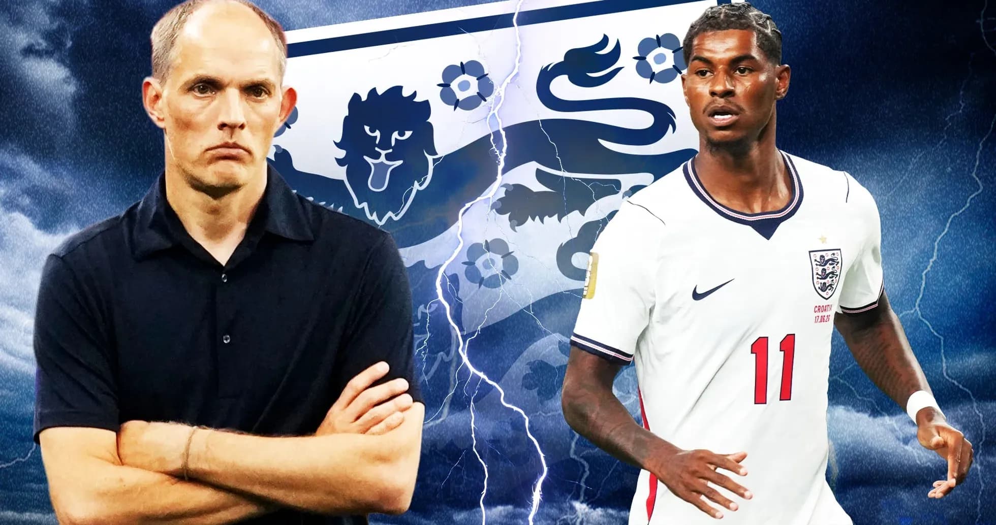 Entrenador y jugador con fondo de tormenta y escudo de Inglaterra