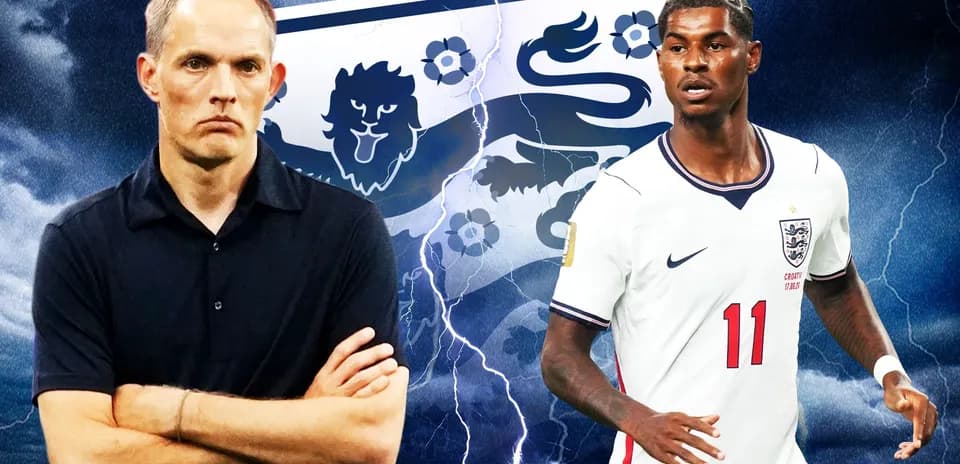 Entrenador y jugador con fondo de tormenta y escudo de Inglaterra