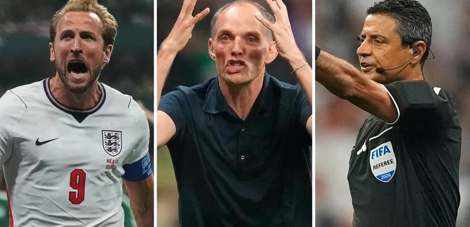 Harry Kane, Thomas Tuchel, y árbitro durante partido