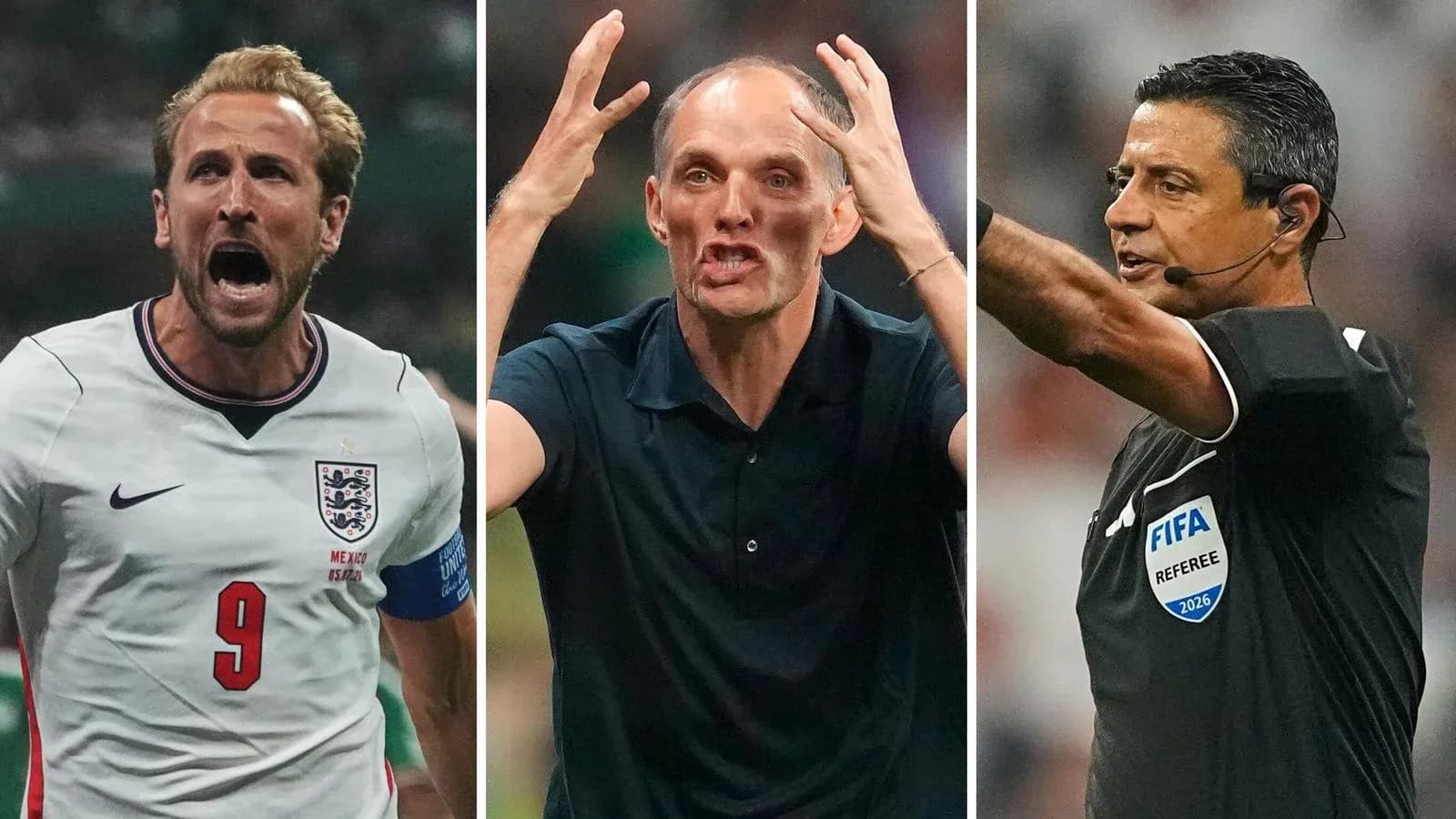 Harry Kane, Thomas Tuchel, y árbitro durante partido