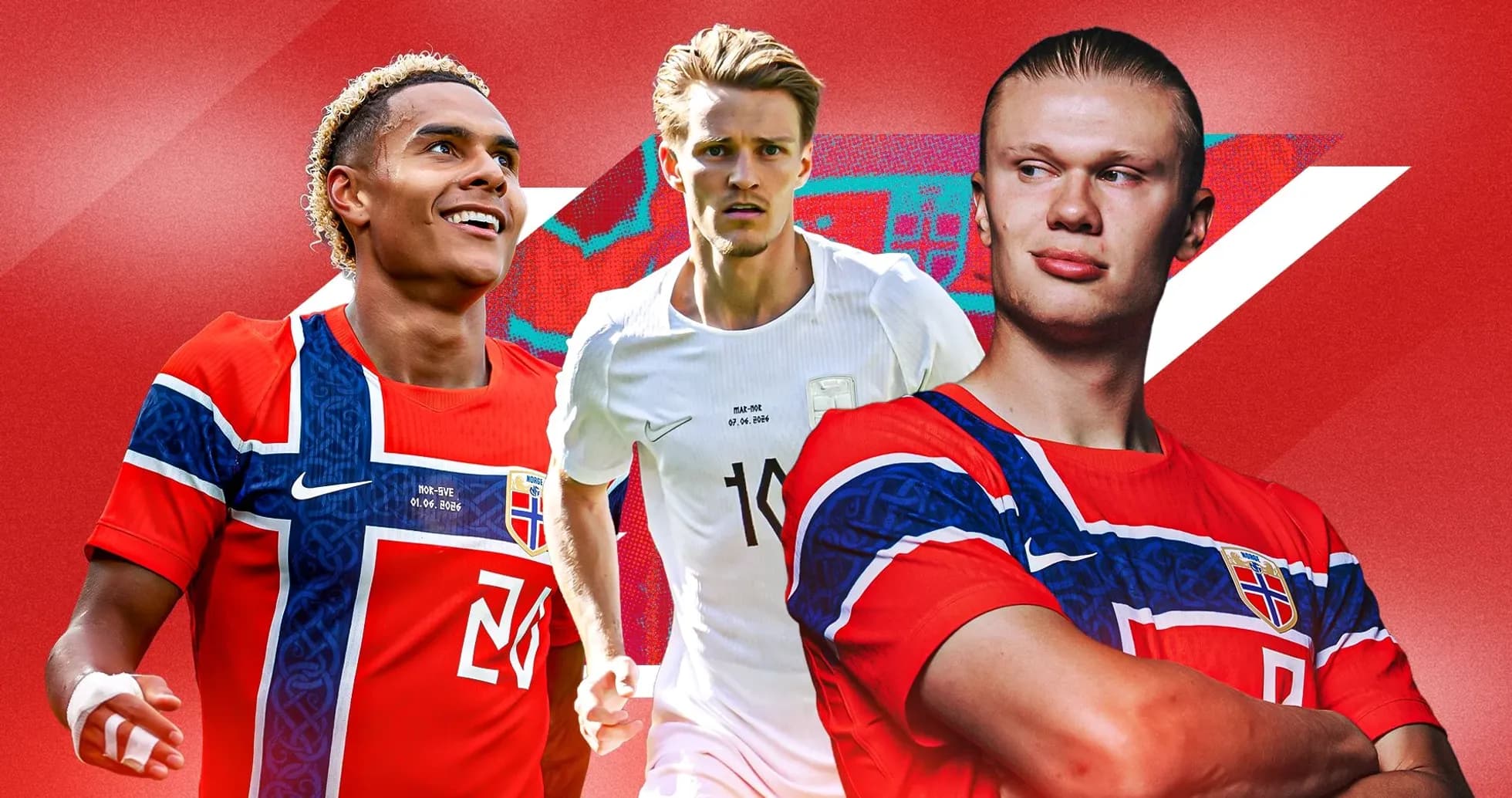 Jugadores de fútbol noruegos posando con camisetas nacionales