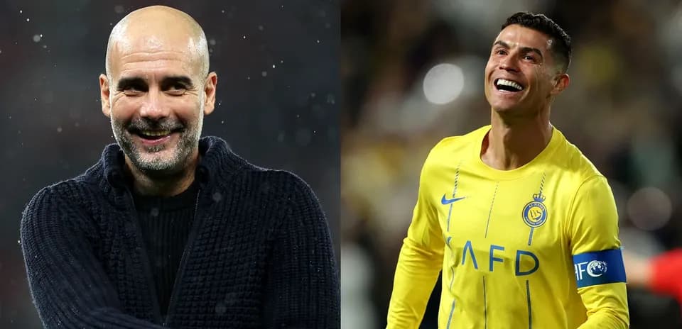Pep Guardiola sonriendo y Cristiano Ronaldo celebrando