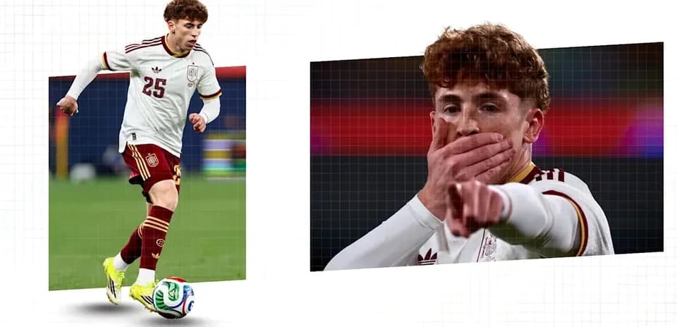 Jugador de España corriendo y señalando hacia la cámara