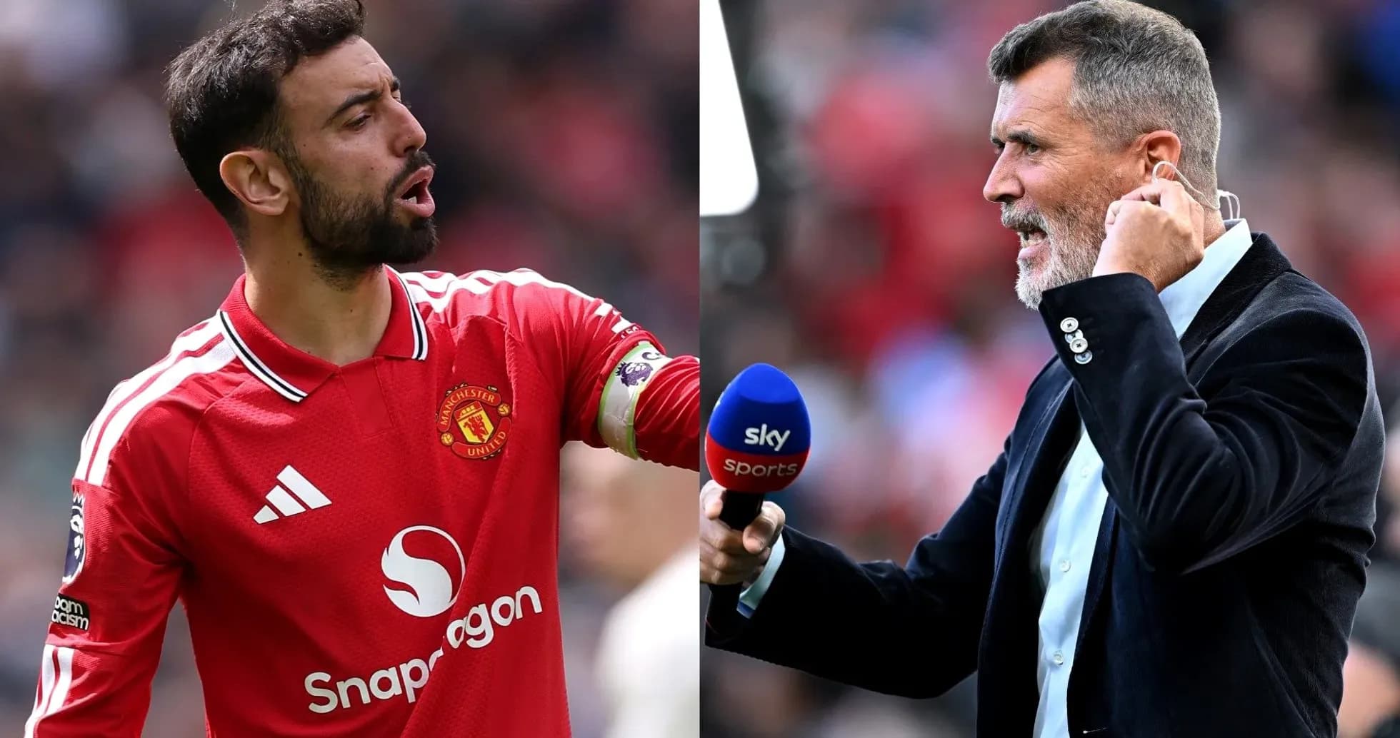 Bruno Fernandes y Roy Keane durante un evento
