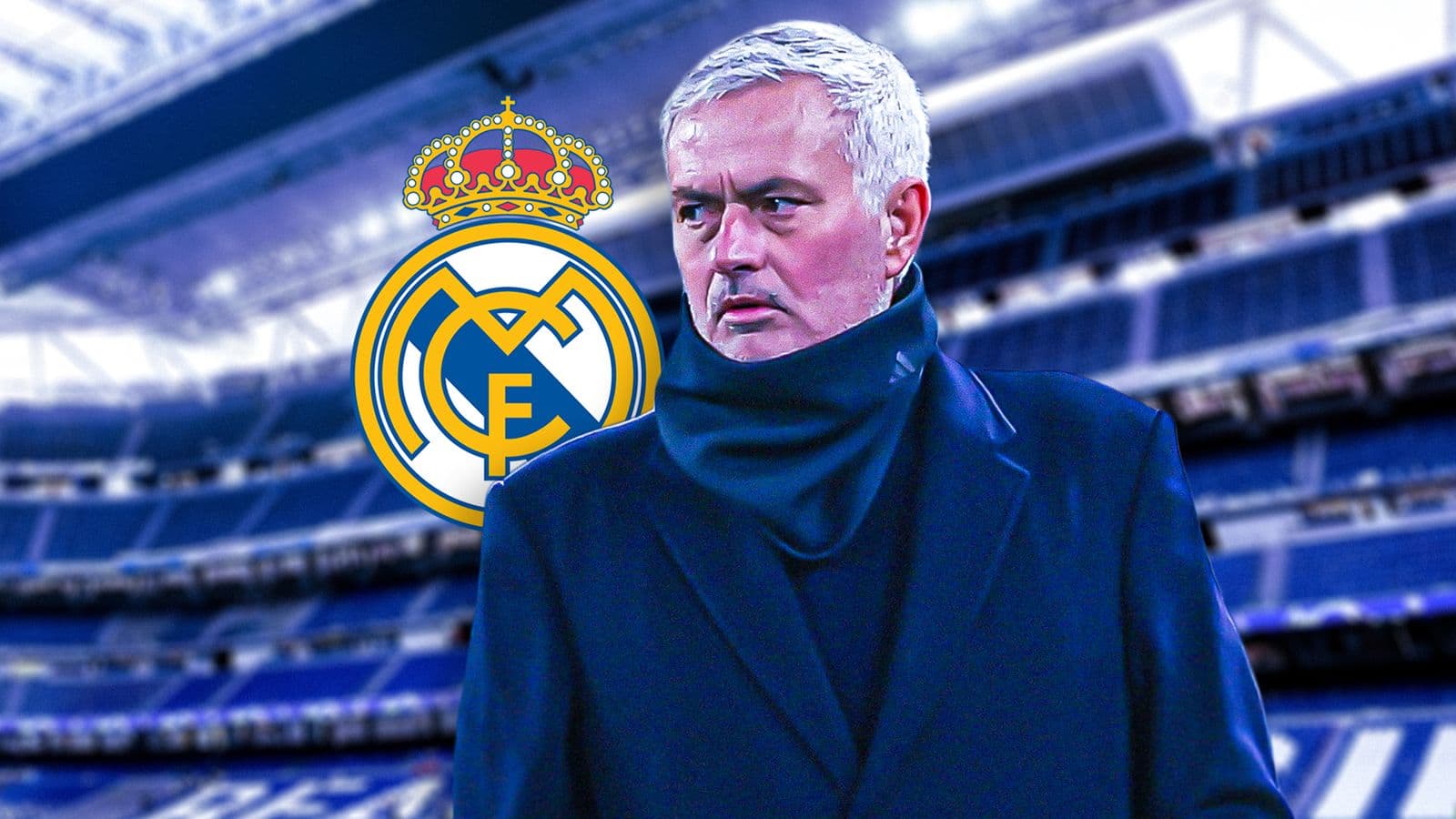 José Mourinho frente al logo del Real Madrid
