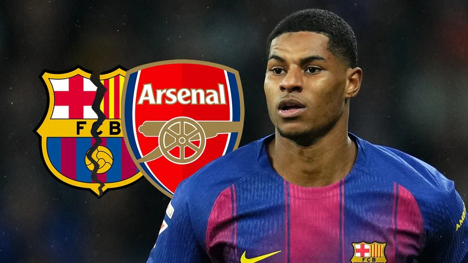 Jugador con camiseta de Barcelona frente a logos de Arsenal