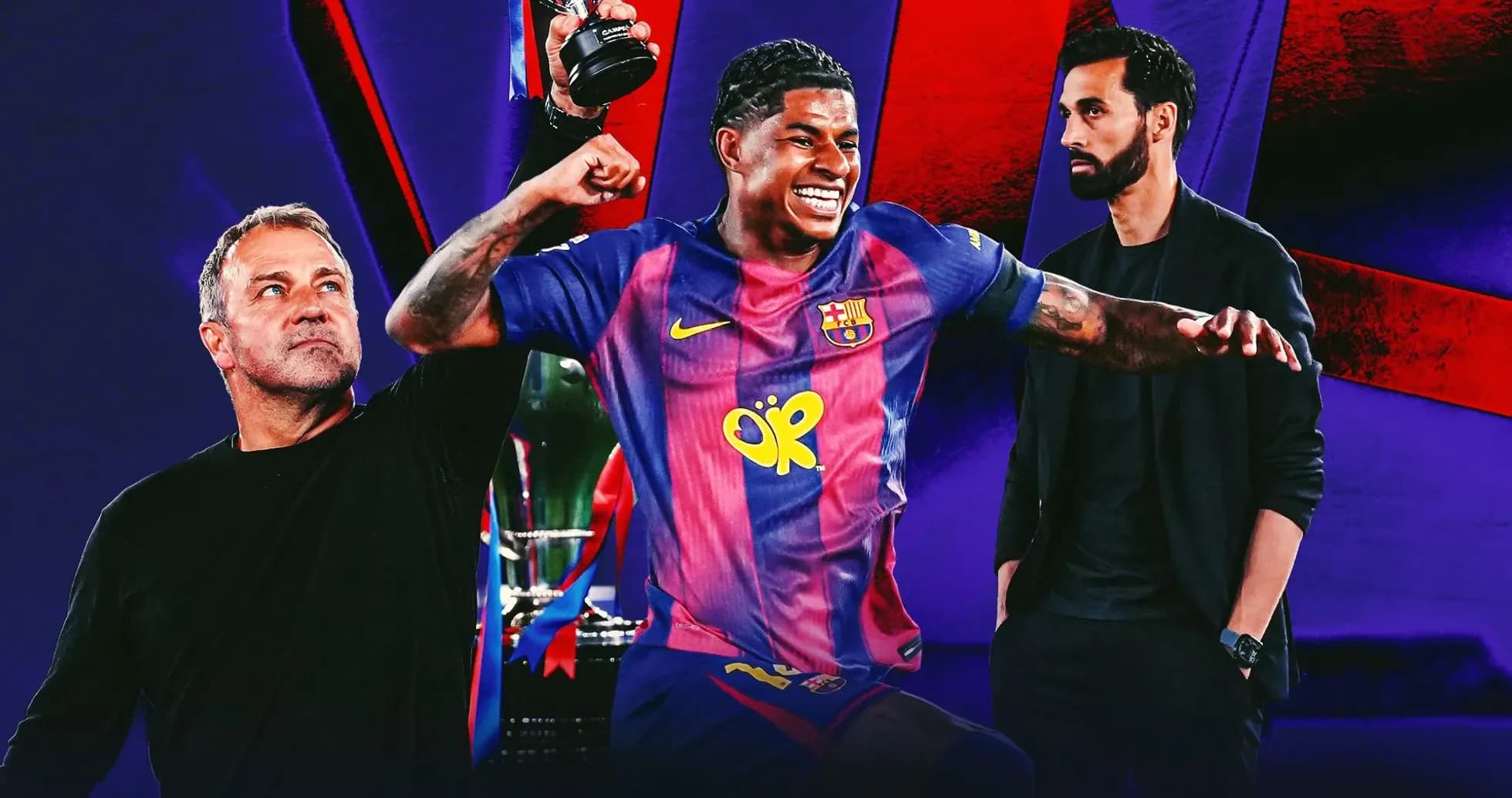 Jugador de Barcelona celebrando con trofeo y entrenadores
