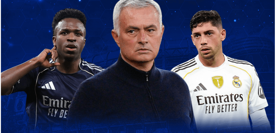 Vinícius, Mourinho y Valverde en fondo azul