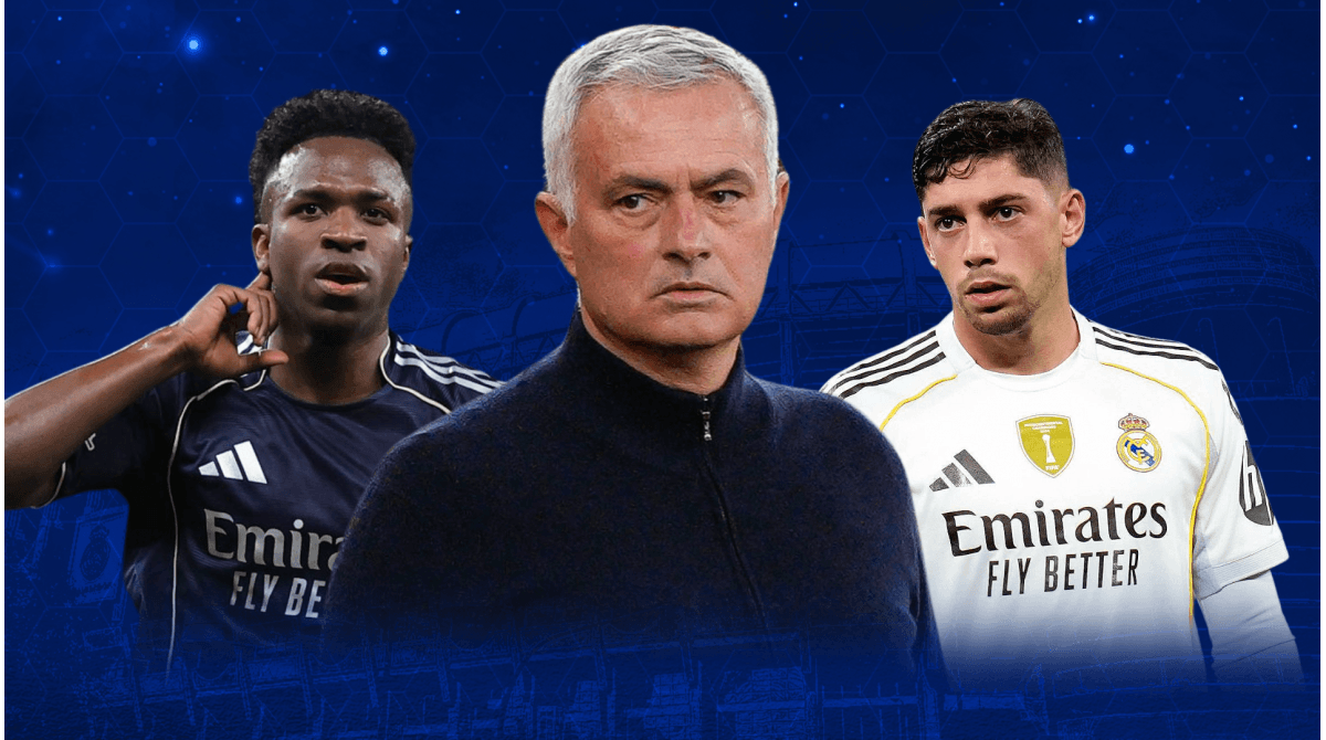 Vinícius, Mourinho y Valverde en fondo azul