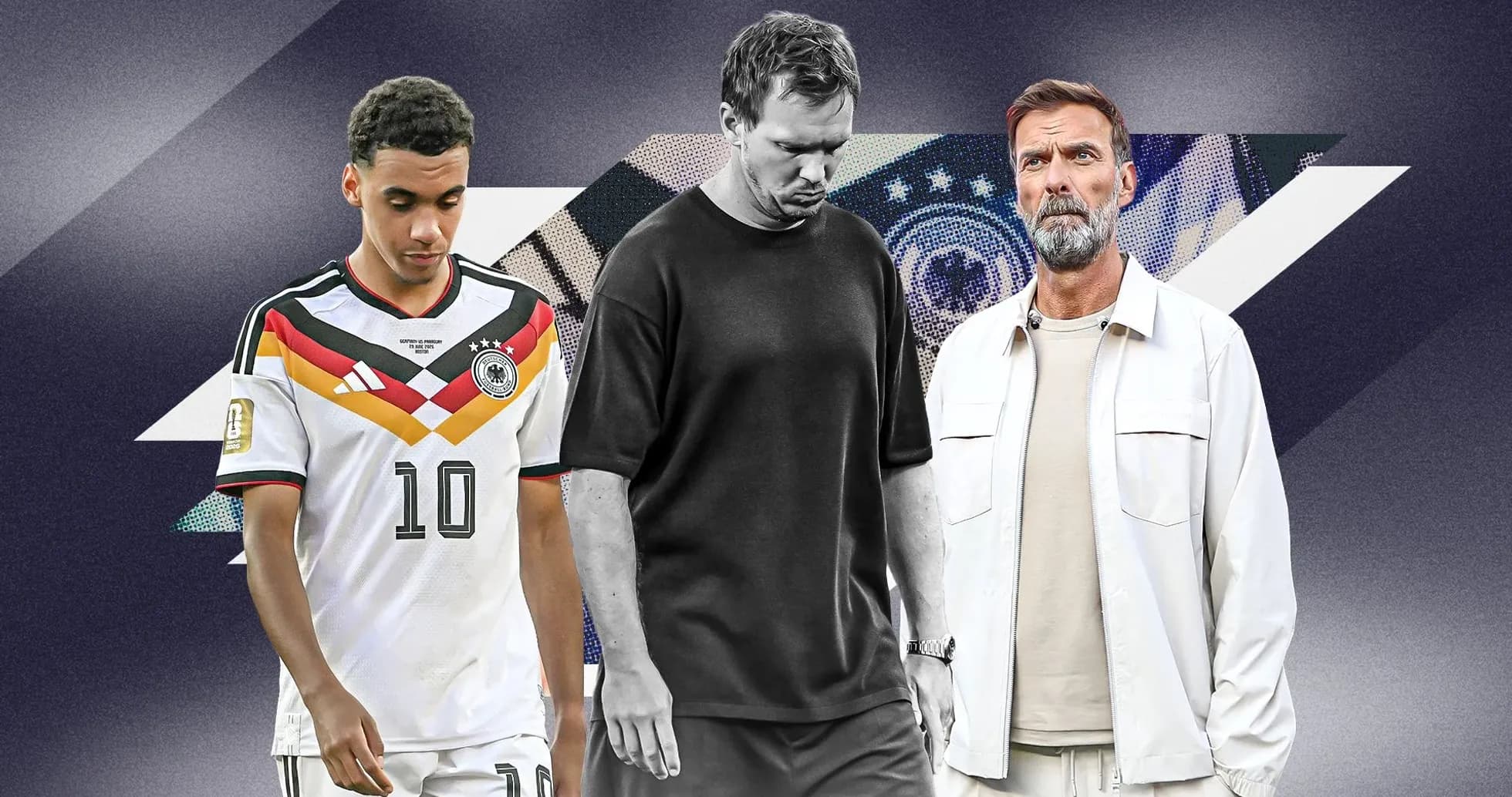Tres personas en un fondo abstracto relacionado con fútbol