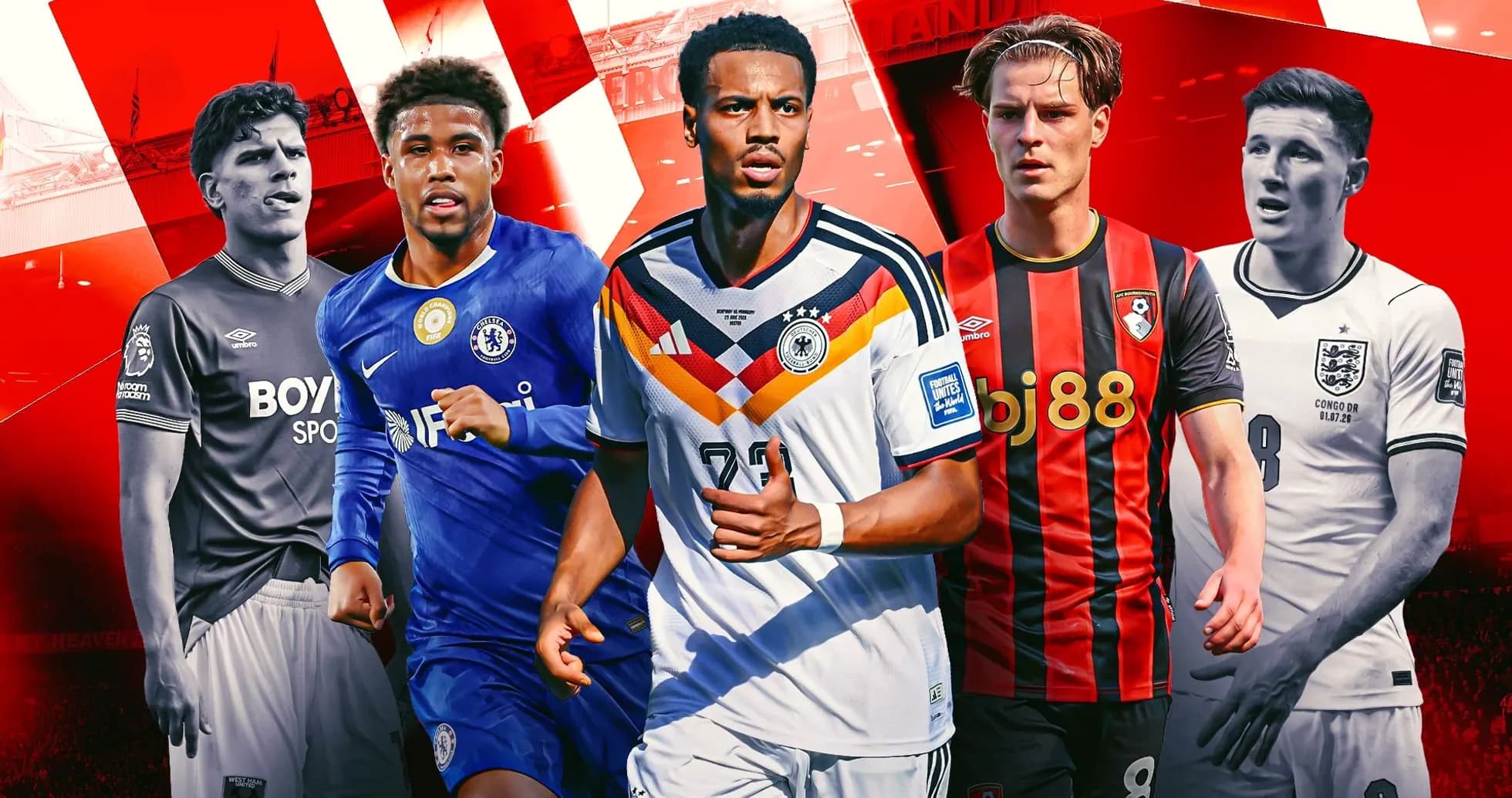 Cinco jugadores de fútbol en uniformes variados