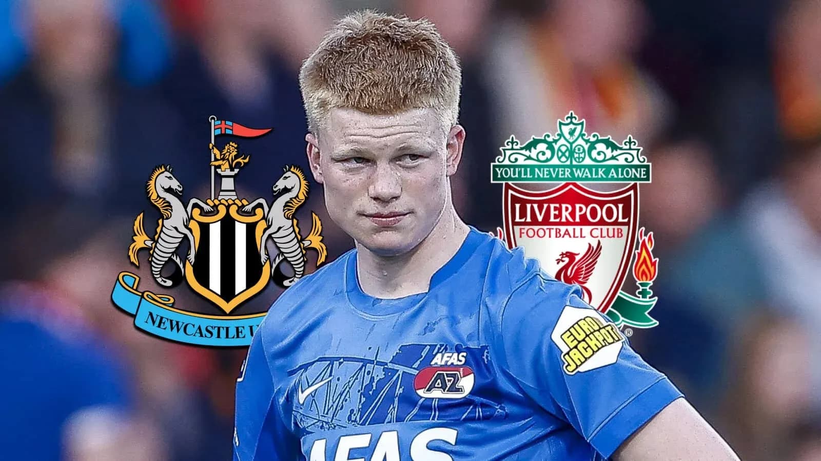 Jugador de fútbol con logotipos de Newcastle y Liverpool Jugador de fútbol con logotipos de Newcastle y Liverpool