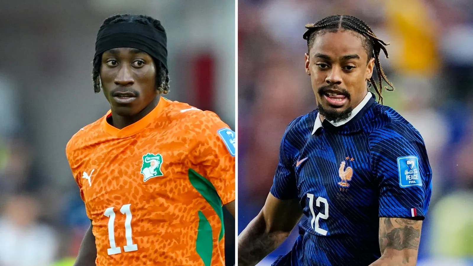 Jugadores de fútbol de Costa de Marfil y Francia en acción Jugadores de fútbol de Costa de Marfil y Francia en acción