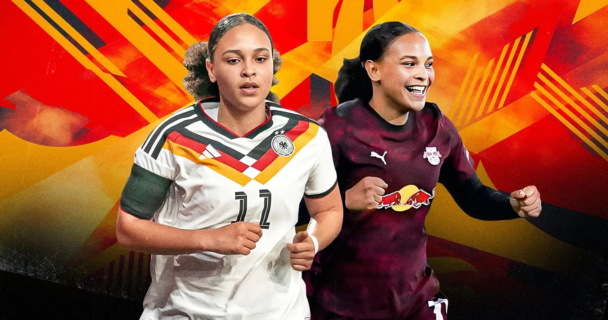 Jugadoras de fútbol en uniforme compitiendo Jugadoras de fútbol en uniforme compitiendo