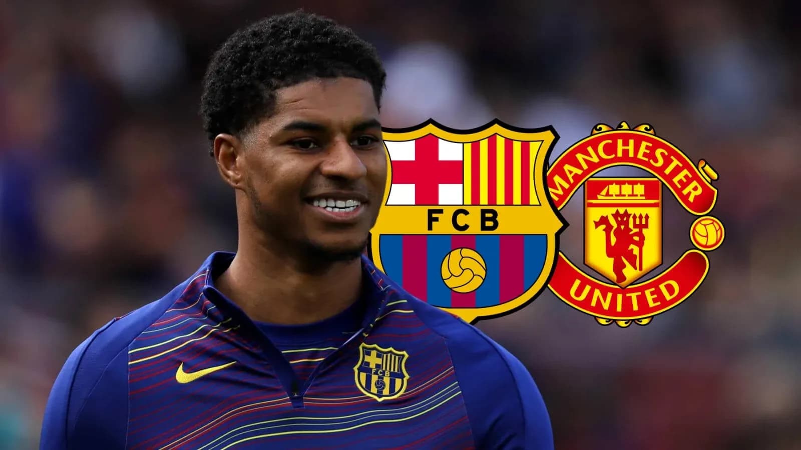 Jugador sonriendo con logotipos de Barcelona y Manchester United Jugador sonriendo con logotipos de Barcelona y Manchester United