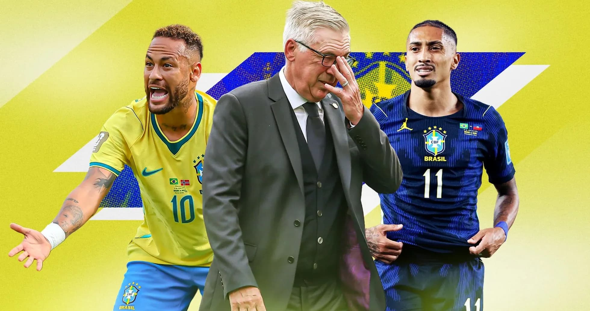 Neymar y jugadores de Brasil en fondo amarillo Neymar y jugadores de Brasil en fondo amarillo